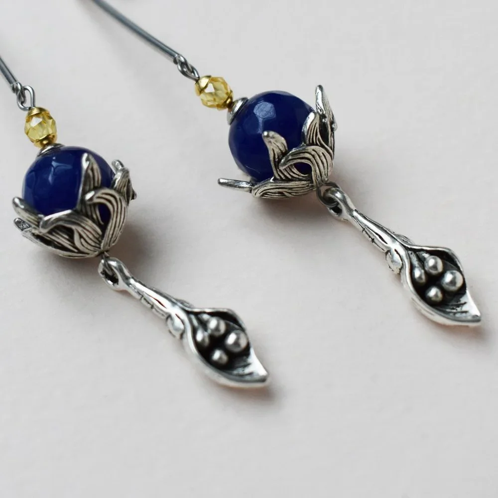 Long massive earrings silver tone, unusual floral dangles